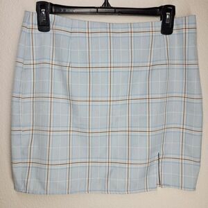 Princess Polly Light Blue Plaid Mini Skirt Side Slit Women's Size 8